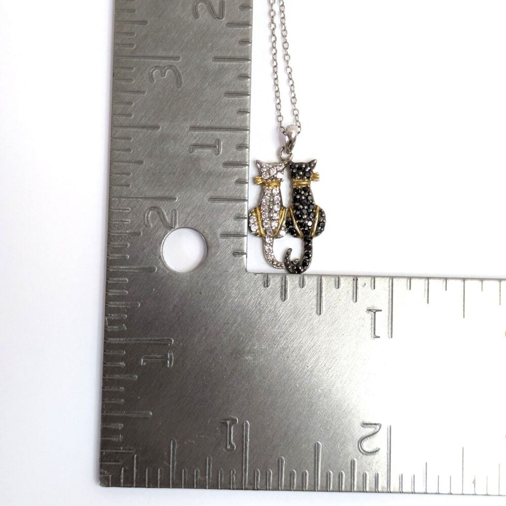 925 Sterling Silver Black & White CZ Cat Couple Pendant Necklace - 18" Chain - Picture 8 of 9